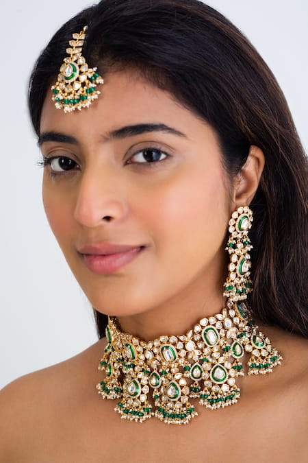 Shop Zevar King Green Pearls Polki Kundan And Choker Set at Aza Fashions Shop_Zevar King_Green Pearls Polki Kundan And Choker Set _at_Aza_Fashions