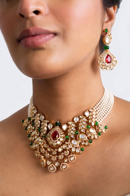 Zevar King_Red Pearls, Stones, Gota Patti Kundan Paisley Bloom Choker Set _Online_at_Aza_Fashions