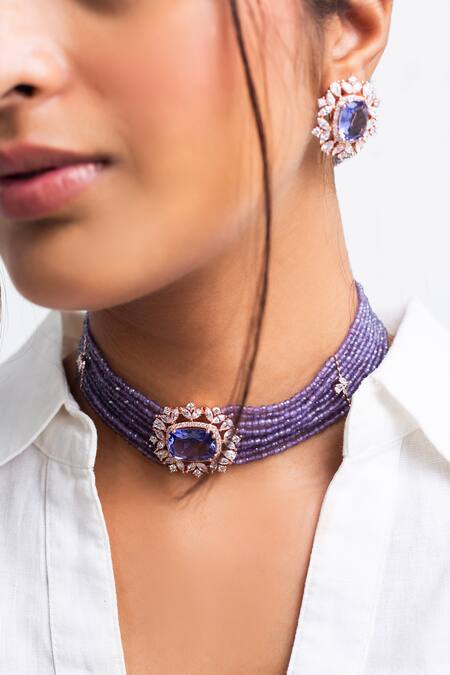 Shop_Zevar King_Blue Stones, Beads Crest Bloom Choker Set _at_Aza_Fashions