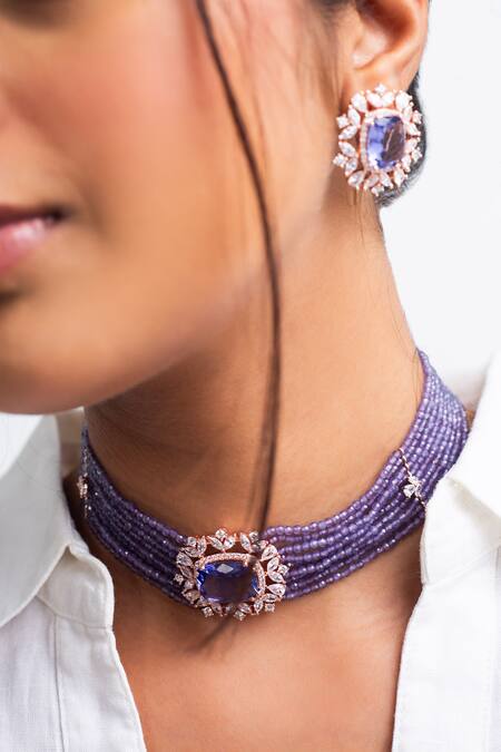 Zevar King_Blue Stones, Beads Crest Bloom Choker Set _Online_at_Aza_Fashions