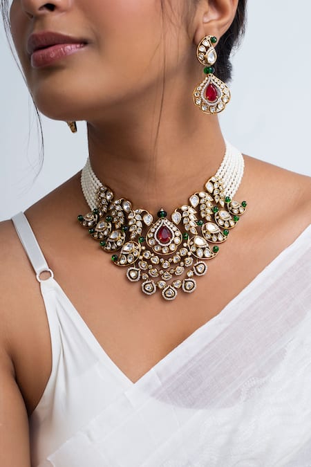 Zevar King_Multi Color Pearls, Stones Paisley Blossom Kundan Choker Set _Online_at_Aza_Fashions