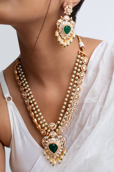 Zevar King_Green Pearls, Stones, Zari Kundan And Long Necklace Set _Online_at_Aza_Fashions