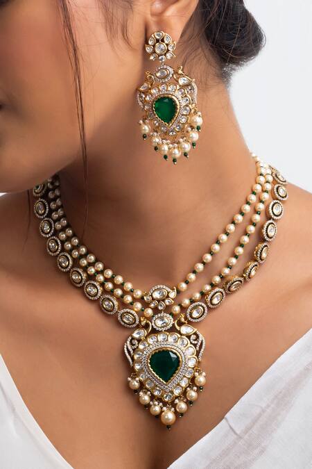 Buy_Zevar King_Green Pearls, Stones, Zari Kundan And Long Necklace Set _Online_at_Aza_Fashions