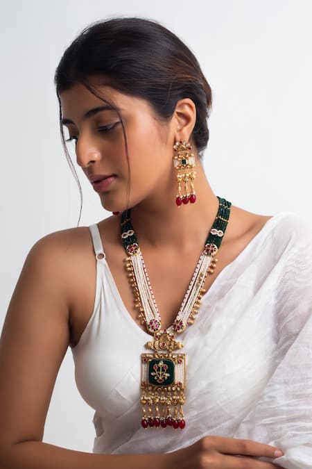 Zevar King Kundan & Pearl Embellished Long Temple Jewellery Set 