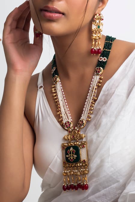 Shop Zevar King Multi Color Pearls, Zari Kundan Long Temple Jewellery Set at Aza Fashions Shop_Zevar King_Multi Color Pearls, Zari Kundan Long Temple Jewellery Set_at_Aza_Fashions