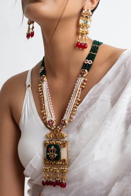 Zevar King Multi Color Pearls, Zari Kundan Long Temple Jewellery Set Online at Aza Fashions Zevar King_Multi Color Pearls, Zari Kundan Long Temple Jewellery Set_Online_at_Aza_Fashions
