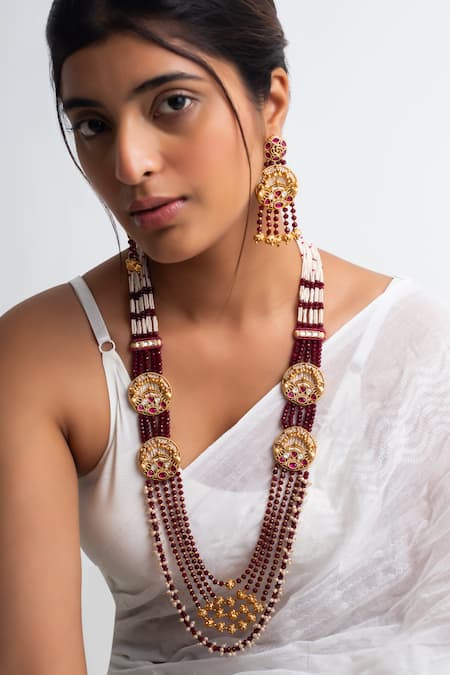 Zevar King Beads & Pearl Embellished Long Layered Necklace Set 