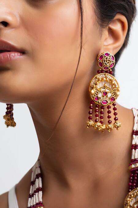 Zevar King_Red Pearls, Beads Kundan Long Layered Necklace Set _Online_at_Aza_Fashions