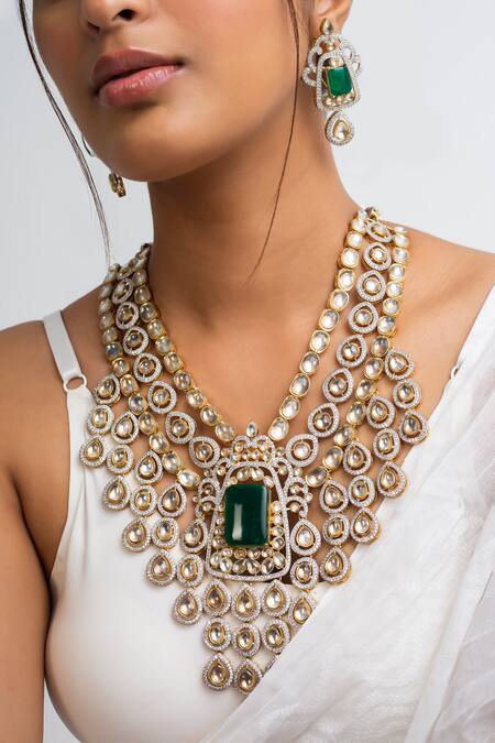 Zevar King_Green Stones Gold Plated Vine Necklace Set _Online_at_Aza_Fashions
