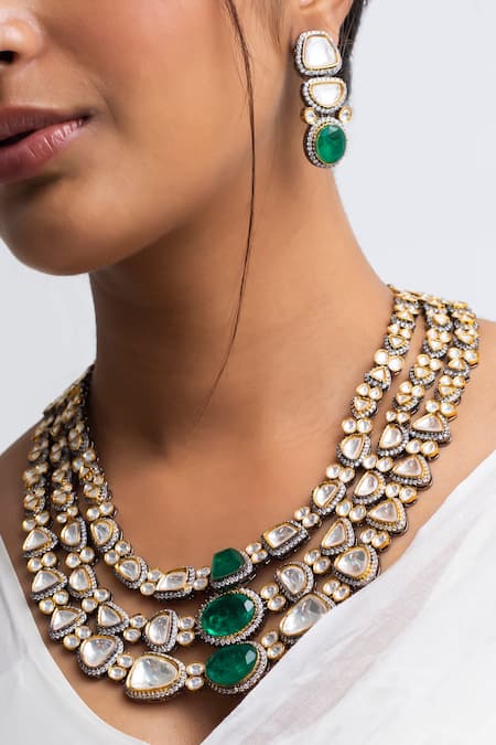 Zevar King Polki Kundan Green Stone Necklace Set 