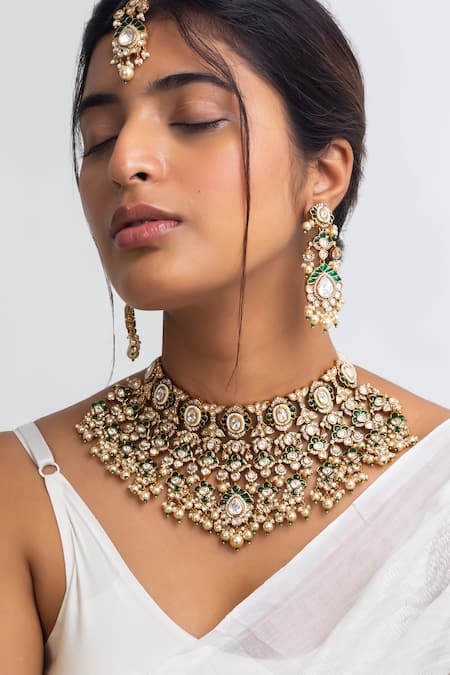 Zevar King_Green Stones Crest Kundan Vine Necklace Set _Online_at_Aza_Fashions
