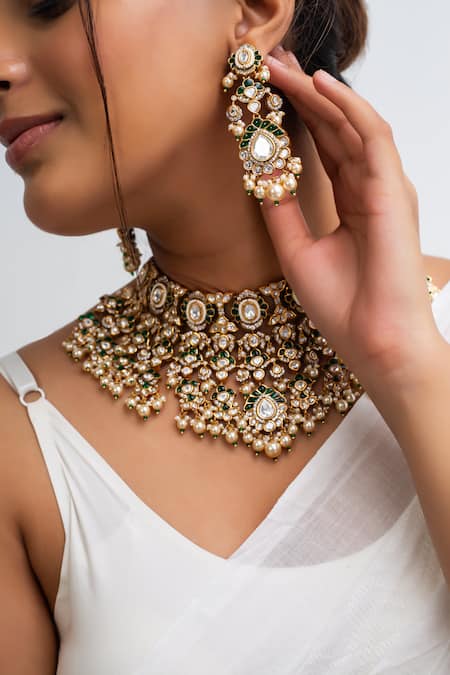 Buy_Zevar King_Green Stones Crest Kundan Vine Necklace Set _Online_at_Aza_Fashions