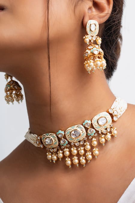 Zevar King_Blue Pearls, Stones Crest Polki Kundan And Choker Set _Online_at_Aza_Fashions