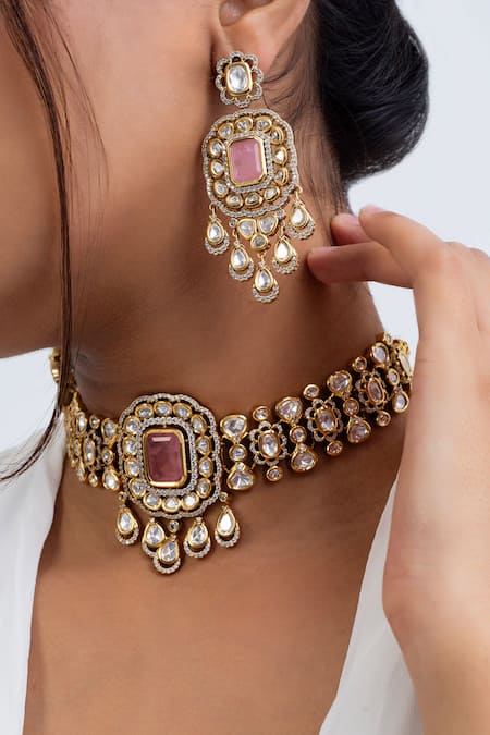 Zevar King_Pink Stones Victorian Bloom Choker Set _Online_at_Aza_Fashions