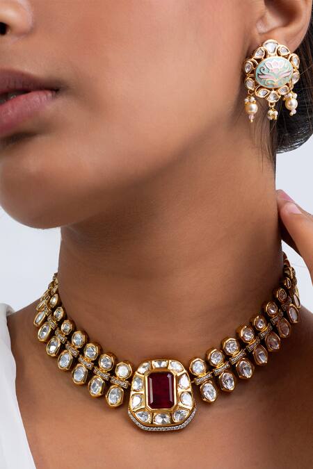 Zevar King_Red Stones, Pearls Antique Gold Plated Choker Set _Online_at_Aza_Fashions