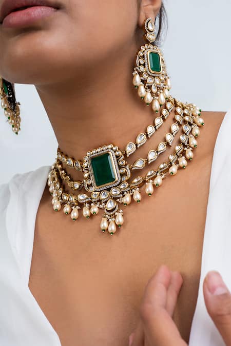 Zevar King_Green Stones, Pearls Antique Gold Choker And Earring Set _Online_at_Aza_Fashions