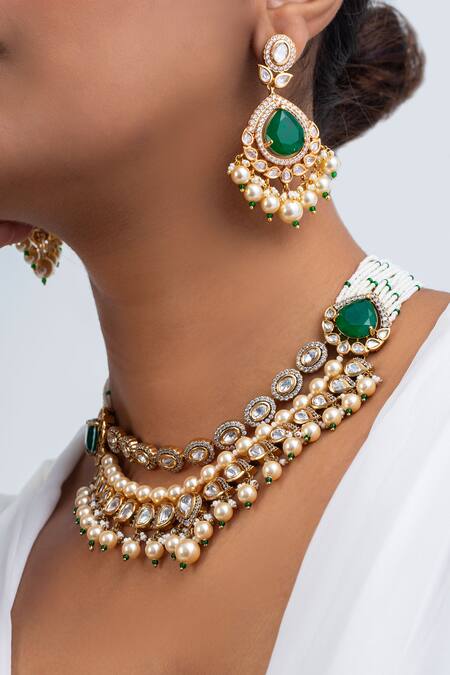 Zevar King_Green Pearls, Stones And Embellished Choker Set _Online_at_Aza_Fashions