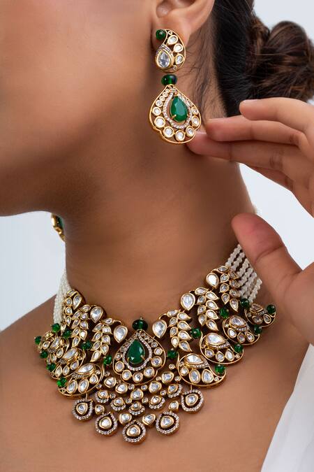 Zevar King_Green Stones, Beads Antique Gold Plated Choker Set _Online_at_Aza_Fashions