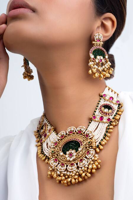 Zevar King_Multi Color Stones, Beads Gold Plated Floral Tribal Necklace Set _Online_at_Aza_Fashions