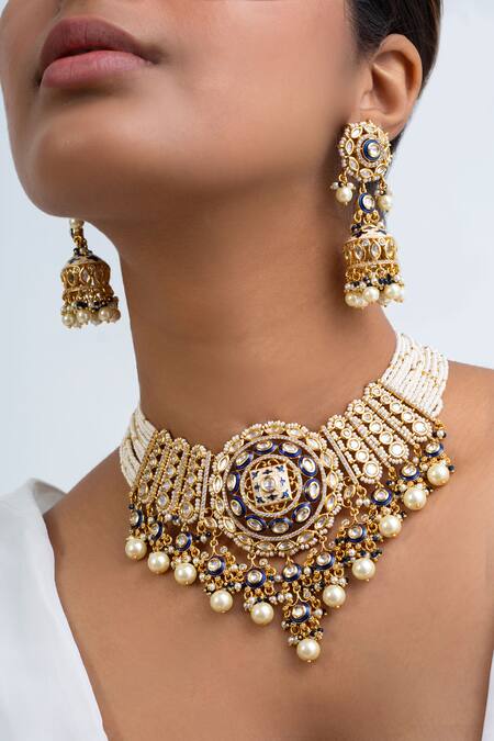Zevar King_Blue Stones, Pearls Gold Plated Floral Choker Set _Online_at_Aza_Fashions
