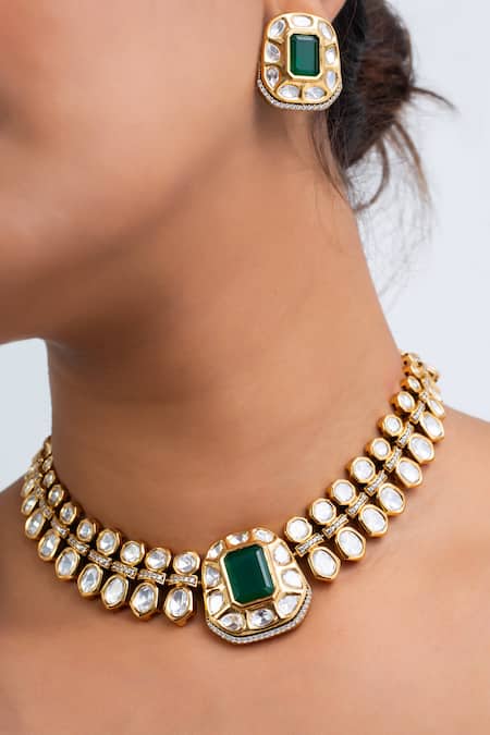 Zevar King_Green Stones Antique Gold Plated Choker Set _Online_at_Aza_Fashions