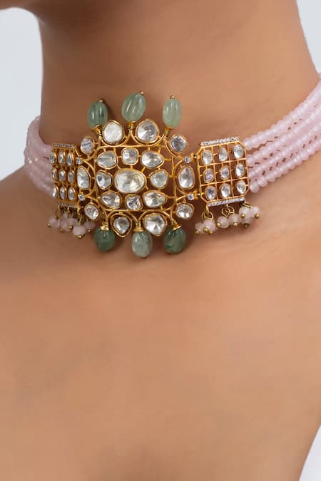 Zevar King_Green Stones, Beads Floral Carved Choker And Earrings Set _Online_at_Aza_Fashions