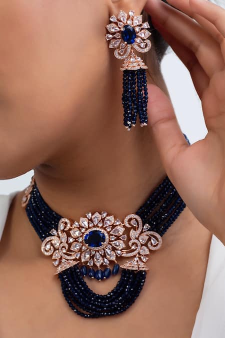 Shop Zevar King Blue Stones, Beads Geometric Floral Choker Set at Aza Fashions Shop_Zevar King_Blue Stones, Beads Geometric Floral Choker Set _at_Aza_Fashions