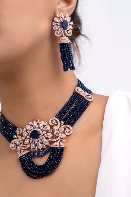 Zevar King Blue Stones, Beads Geometric Floral Choker Set Online at Aza Fashions Zevar King_Blue Stones, Beads Geometric Floral Choker Set _Online_at_Aza_Fashions