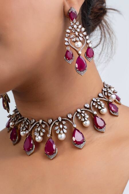 Zevar King Red Stones, Pearls Geometric Drop Choker Set Online at Aza Fashions Zevar King_Red Stones, Pearls Geometric Drop Choker Set _Online_at_Aza_Fashions