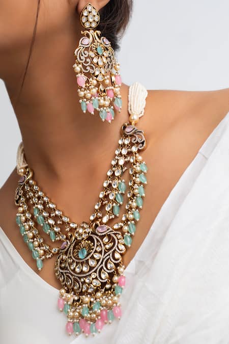 Zevar King_Multi Color Stones, Beads Embellished Necklace Set _Online_at_Aza_Fashions