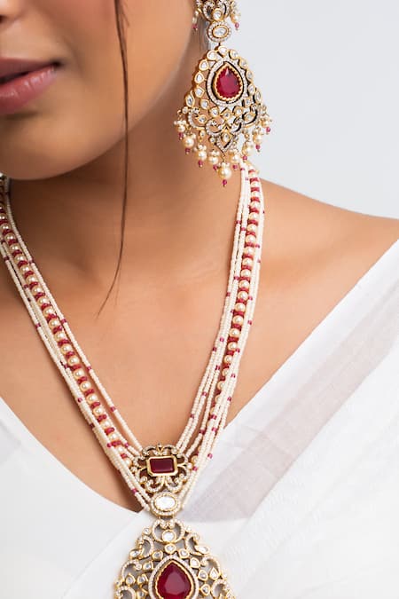 Zevar King_Red Pearls, Stones Gold Plated Flower Carved Necklace Set _Online_at_Aza_Fashions
