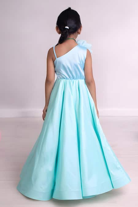 Shop_Fayon Kids X AZA_Blue Taffeta Sequins, Fabric Flowers 3d Floral Embroidered One Shoulder Gown _at_Aza_Fashions