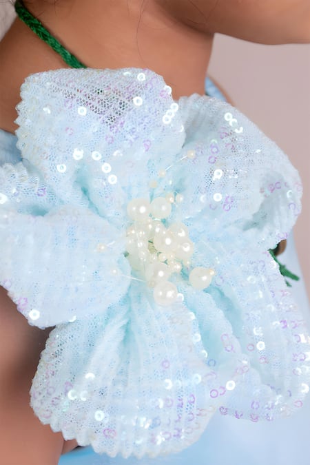 Fayon Kids X AZA_Blue Taffeta Sequins, Fabric Flowers 3d Floral Embroidered One Shoulder Gown _Online_at_Aza_Fashions