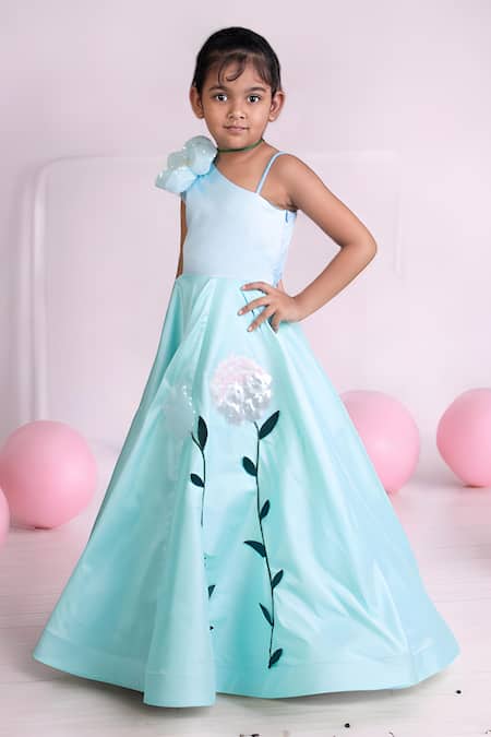 Buy_Fayon Kids X AZA_Blue Taffeta Sequins, Fabric Flowers 3d Floral Embroidered One Shoulder Gown _Online_at_Aza_Fashions