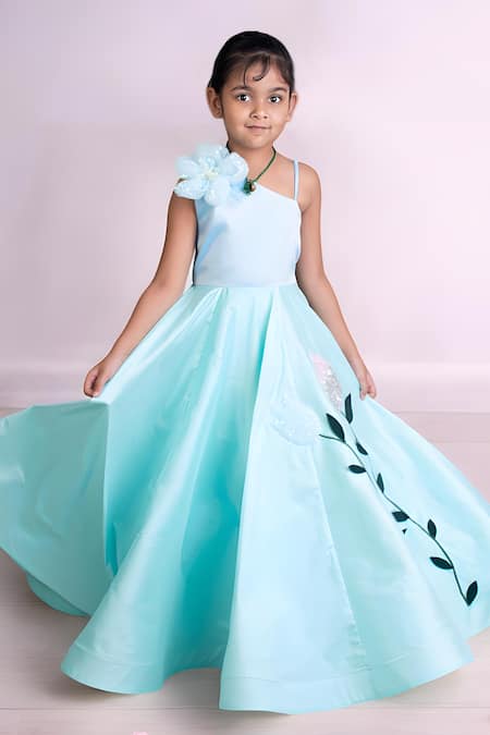 Shop_Fayon Kids X AZA_Blue Taffeta Sequins, Fabric Flowers 3d Floral Embroidered One Shoulder Gown _Online_at_Aza_Fashions
