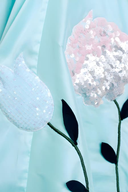 Fayon Kids X AZA_Blue Taffeta Sequins, Fabric Flowers 3d Floral Embroidered One Shoulder Gown _at_Aza_Fashions