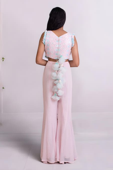 Shop Fayon Kids X AZA Pink Georgette Tassels Embroidered Crop Top And Palazzo Set at Aza Fashions Shop_Fayon Kids X AZA_Pink Georgette Tassels Embroidered Crop Top And Palazzo Set _at_Aza_Fashions