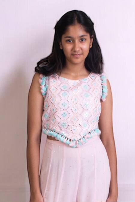 Shop Fayon Kids X AZA Pink Georgette Tassels Embroidered Crop Top And Palazzo Set Online at Aza Fashions Shop_Fayon Kids X AZA_Pink Georgette Tassels Embroidered Crop Top And Palazzo Set _Online_at_Aza_Fashions