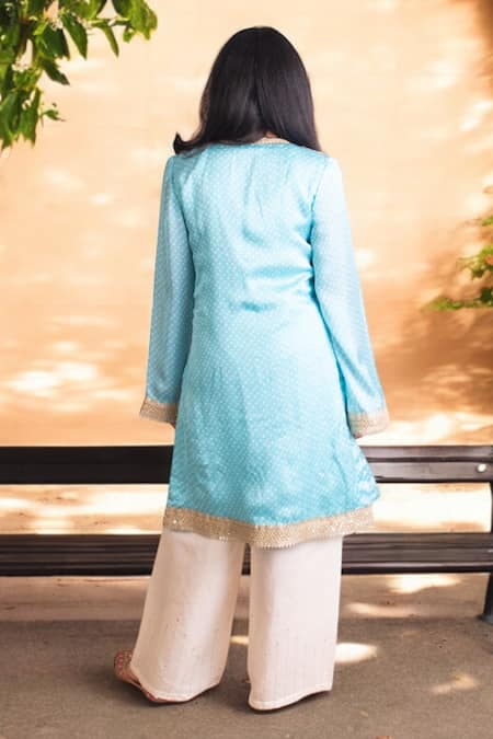 Shop_Fayon Kids X AZA_Blue Satin, Cotton Bandhej Print Kurta Set _at_Aza_Fashions