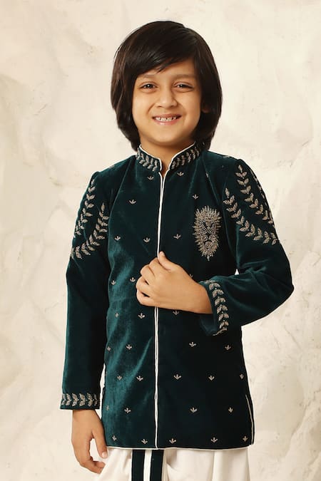 Buy Fayon Kids X AZA Green Velvet, Cotton Metallic Thread, Emerald Moti Embellished Kurta Set Online at Aza Fashions Buy_Fayon Kids X AZA_Green Velvet, Cotton Metallic Thread, Emerald Moti Embellished Kurta Set _Online_at_Aza_Fashions