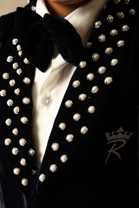 Fayon Kids X AZA Blue Velvet Pearls, Embroidery Blazer Set Online at Aza Fashions Fayon Kids X AZA_Blue Velvet Pearls, Embroidery Blazer Set _Online_at_Aza_Fashions