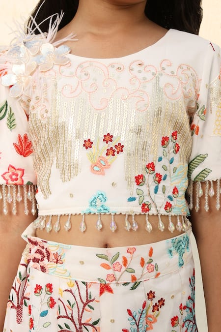 Fayon Kids X AZA_White Georgette Sequins, Tassels, Embroidery Floral Kurta Set With Palazzo _Online_at_Aza_Fashions