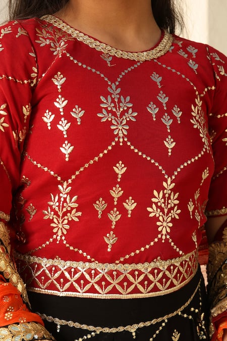 Fayon Kids X AZA_Maroon Georgette Lace, Tassels, Sequins Embroidered Gota Patti Lehenga Set _Online_at_Aza_Fashions