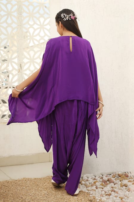 Shop_Fayon Kids X AZA_Purple Crepe Pearls, Tassels Floral Embroidered Kurta Set _at_Aza_Fashions