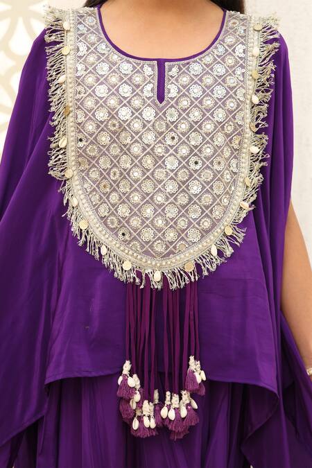 Fayon Kids X AZA_Purple Crepe Pearls, Tassels Floral Embroidered Kurta Set _Online_at_Aza_Fashions