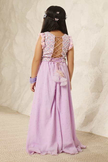 Shop Fayon Kids X AZA Purple Georgette Tassels, Embroidery Mirror Lilac Top And Palazzo Set at Aza Fashions Shop_Fayon Kids X AZA_Purple Georgette Tassels, Embroidery Mirror Lilac Top And Palazzo Set _at_Aza_Fashions