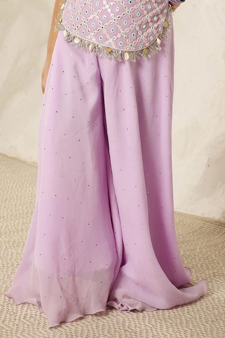 Fayon Kids X AZA Purple Georgette Tassels, Embroidery Mirror Lilac Top And Palazzo Set Online at Aza Fashions Fayon Kids X AZA_Purple Georgette Tassels, Embroidery Mirror Lilac Top And Palazzo Set _Online_at_Aza_Fashions