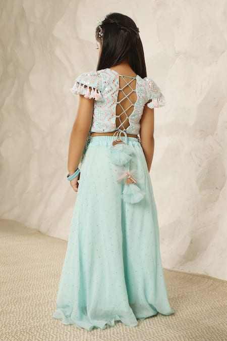 Shop Fayon Kids X AZA Blue Georgette Mirrors, Tassels Embroidered Top And Palazzo Set at Aza Fashions Shop_Fayon Kids X AZA_Blue Georgette Mirrors, Tassels Embroidered Top And Palazzo Set _at_Aza_Fashions