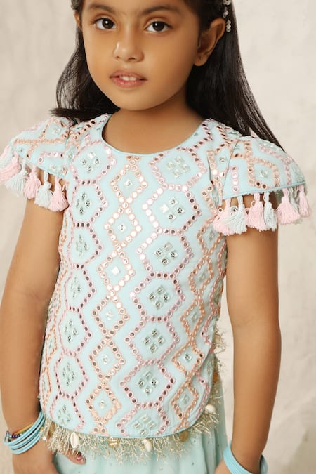 Fayon Kids X AZA Blue Georgette Mirrors, Tassels Embroidered Top And Palazzo Set Online at Aza Fashions Fayon Kids X AZA_Blue Georgette Mirrors, Tassels Embroidered Top And Palazzo Set _Online_at_Aza_Fashions