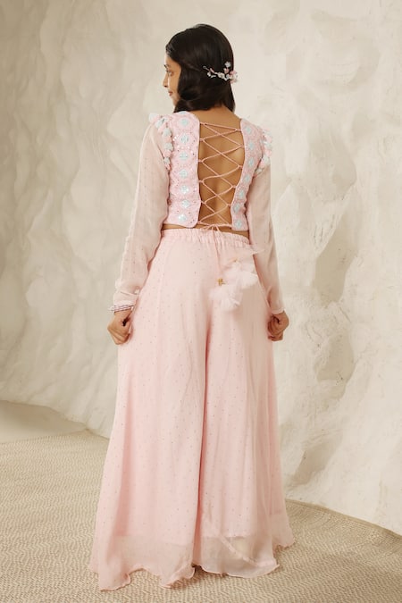 Shop Fayon Kids X AZA Pink Georgette Mirrors, Tassels, Embroidery Geometric Top And Palazzo Set at Aza Fashions Shop_Fayon Kids X AZA_Pink Georgette Mirrors, Tassels, Embroidery Geometric Top And Palazzo Set _at_Aza_Fashions